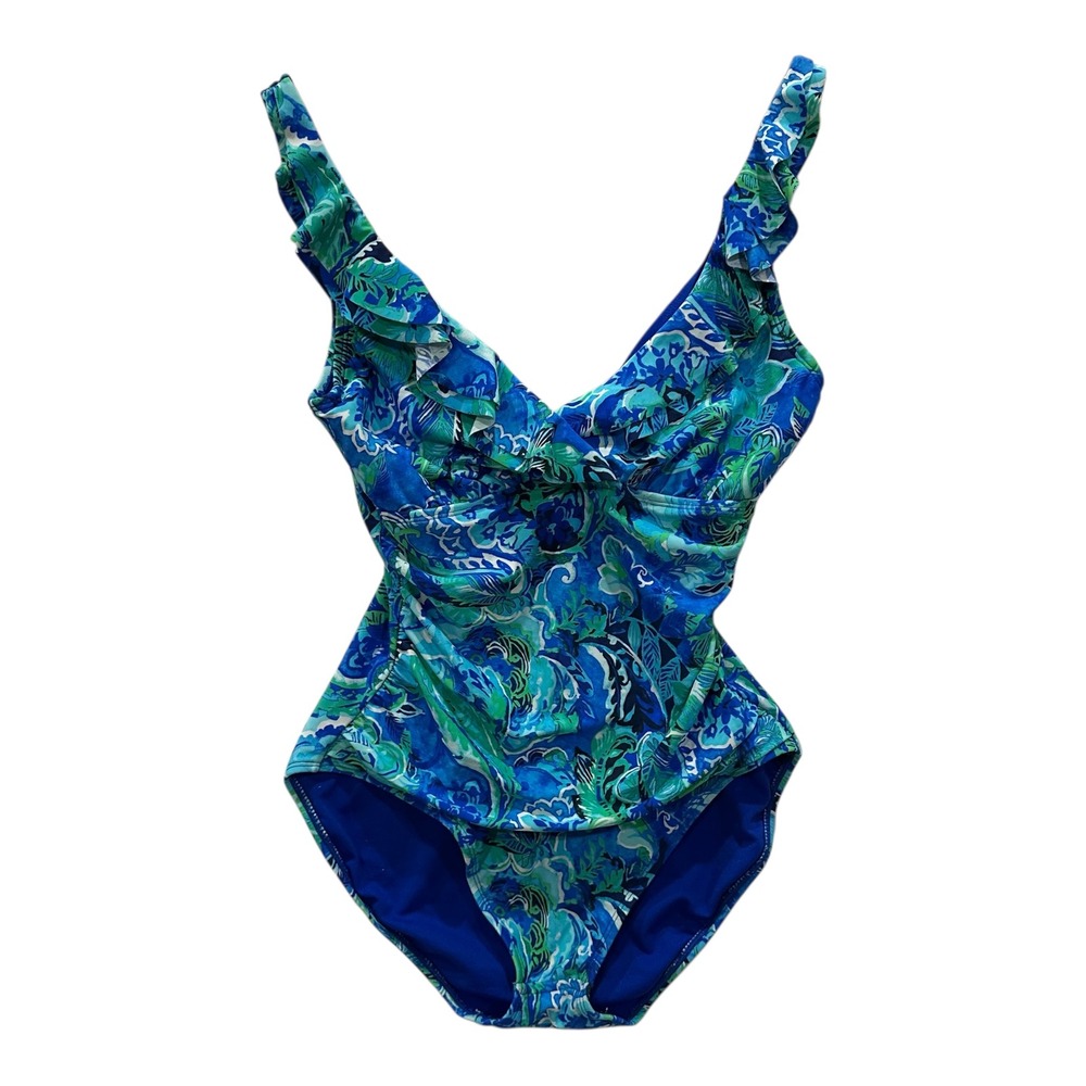 Lauren Ralph Lauren Blue Green Tropical Paisley Ruffle One Piece Swimsuit 12